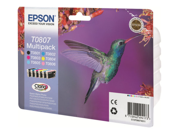 EPSON 3LB T0807 ink cartridge black and five colour standard capacity black and colour: 7.4ml 6-pack blister without alarm