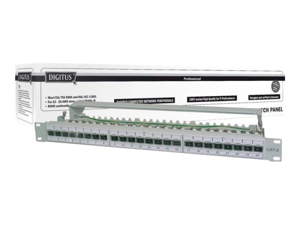 DIGITUS Patch Panel 48,3cm 19Zoll 24Port Cat6a geschirmt grau RAL7035 Kabelinstallation mit LSA Leisten bis 10GBit bis 500 MHZ