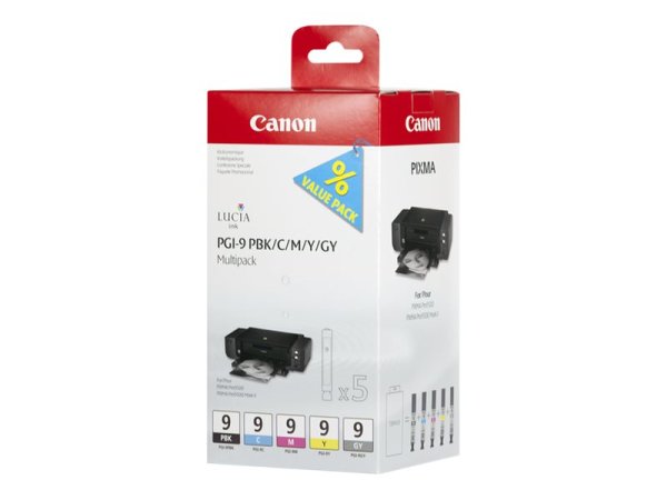 CANON 1LB PGI-9 PBK C M Y GY ink cartridge black and four colour standard capacity combopack blister with alarm