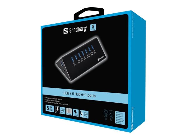 SANDBERG USB 3.0 Hub 7 ports Siebmal USB 3.0 Ausgaenge Ueberlastungsschutz 1m USB 3.0 Kabel und 230V Netzteil im Lieferumfang