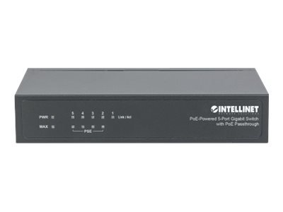 INTELLINET 5-Port PoE+ Gigabit Switch Desktop PoE-Passthrough 4 x PSE PoE-Ports 1 x PD PoE-Port IEEE 802.3at/af Power-over-Ethernet