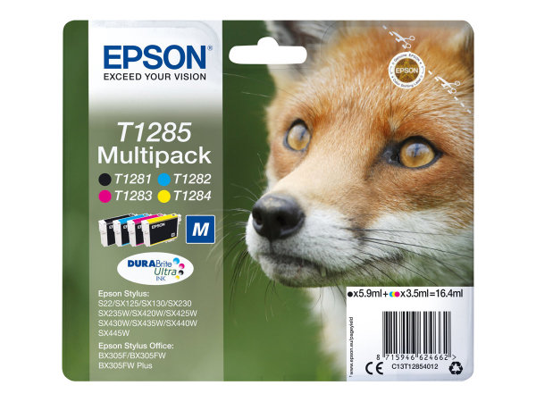 EPSON 2LB T1285 ink cartridge black and tri-colour standard capacity 5.9ml and 3 x 3.5ml 4-pack blister without alarm