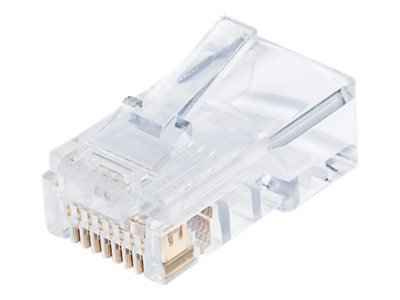 INTELLINET Cat5e RJ45 Modularstecker UTP 3-Punkt-Aderkontaktierung fuer Massivdraht 100 Stecker pro Becher transparens