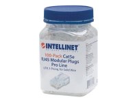 INTELLINET Cat5e RJ45 Modularstecker UTP 3-Punkt-Aderkontaktierung fuer Massivdraht 100 Stecker pro Becher transparens