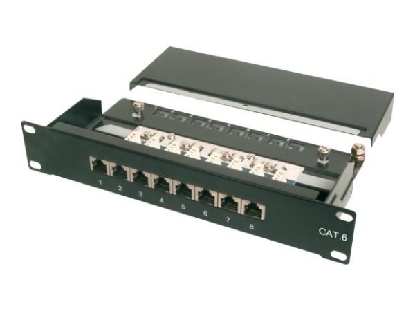 DIGITUS CAT 6 Klasse E Patch Panel geschirmt 8-Port RJ45 8P8C LSA 1HE 254 mm10ZollRack Mount Farbe Schwarz RAL 9005