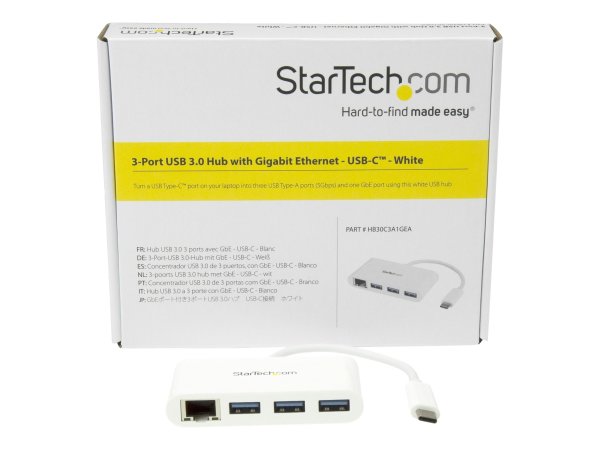 STARTECH.COM 3-Port USB-C Hub with Gigabit Ethernet - USB-C to 3x USB-A - USB 3.0 Hub - White