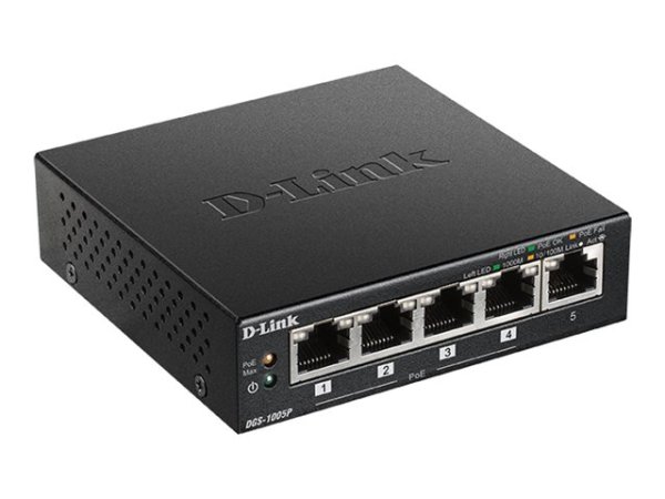 D-LINK DGS-1005P 5?Port Desktop Gigabit PoE+ Switch 5x Gigabit-Ethernet-Port (4x PoE+-Port) PoE+ 60W PoE-Kapazität