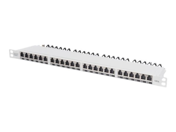 DIGITUS CAT 6A Klasse EA Patch Panel geschirmt 0.5HE 24-Port RJ45 inkl. Staubschutzklappe 8P8C Farbe Grau RAL 7035