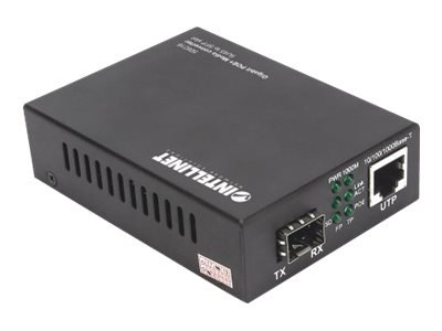 INTELLINET Gigabit PoE+ Medienkonverter 1000Base-T RJ45-Port auf SFP-Port PoE+ Injektor