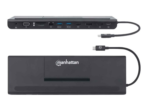 MANHATTAN 11-in-1-Dockingstation fuer 3 Monitore USB-C-St auf Ports HDMI DP VGA 3x USB-A USB-C-PD Gigabit-RJ45 SD-MicroSD 3.5mmAudio