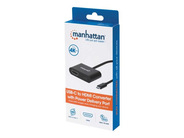 MANHATTAN USB-C auf HDMI-Konverter mit Power Delivery-Ladeport 4K60Hz-Aufloesung PD-Port mit bis zu 60W 3 A/20V schwarz