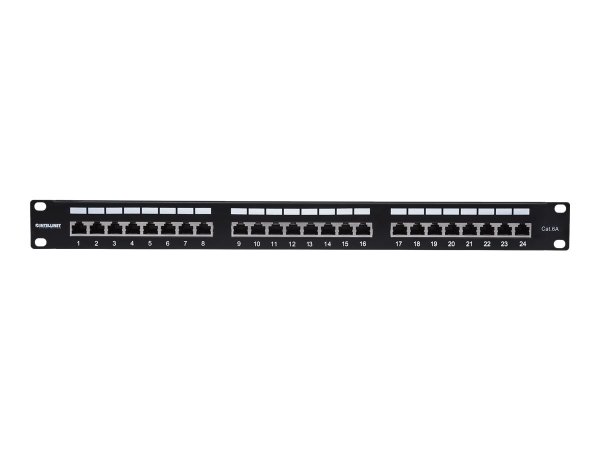 INTELLINET 24-Port Cat6a Patchpanel geschirmt 24 Ports FTP 1 HE Klemmleisten mit 90 Grad abgewinkelten Kabeleinfuehrungen schwarz