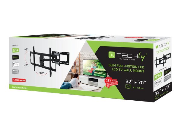 TECHLY Wandhalterung fuer LCD TV 81,28cm bis 177,80cm Tragklast bis 45Kg Slim Schwarz Ausziehbarer Arm bis zu 688mm