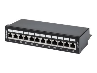 INTELLINET 12-Port Cat6a Patchpanel geschirmt FTP Desktop Klemmleisten mit 90 Grad abgewinkelten Kabeleinfuehrungen schwarz