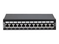 INTELLINET 12-Port Cat6a Patchpanel geschirmt FTP Desktop Klemmleisten mit 90 Grad abgewinkelten Kabeleinfuehrungen schwarz