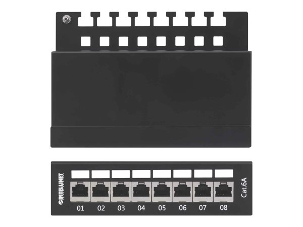 INTELLINET 8-Port Cat6a Patchpanel geschirmt FTP Desktop Klemmleisten mit 90 Grad abgewinkelten Kabeleinfuehrungen schwarz