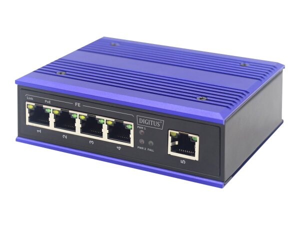 DIGITUS Industrieller 4-port Fast Ethernet PoE Switch 1 uplink port DIN rail erweiterter temperature Bereich