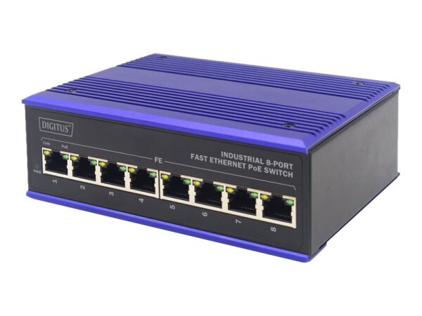 DIGITUS Industrieller 8-Port Fast Ethernet PoE Switch DIN rail erweiterter temperature Bereich