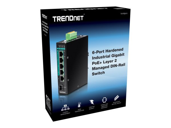 TRENDNET TI-PG541i 6-Port Switch PoE+ Industrial Gigabit Layer 2 DIN-Rail