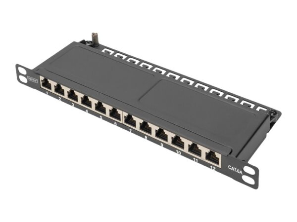 DIGITUS CAT 6A Patch Panel shielded 12-Port 1/2U 10inch rack mount black RAL 9005