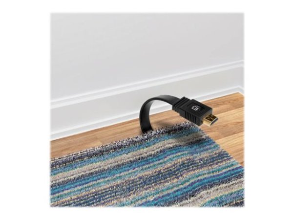 MANHATTAN Flaches High Speed HDMI-Kabel mit Ethernet-Kanal 4K60Hz UHD Stecker/Stecker 0,5m HDR HEC ARC vergoldete Kontakte schwarz