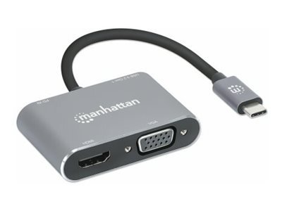 MANHATTAN USB-C 4-in-1 Konverter mit Power Delivery USB 3.2 Typ-C-Stecker auf HDMI 4K30Hz VGA 1080p60Hz USB-A 5Gbit/s USB-C PD 87W