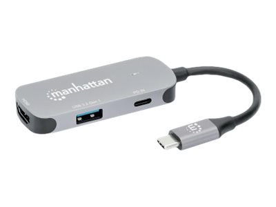 MANHATTAN USB-C 3-in-1 Konverter mit Power Delivery USB 3.2 Typ-C-Stecker auf HDMI 4K30Hz USB-A 5Gbit/s und USB-C PD 100W Alu Grau