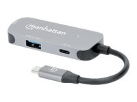 MANHATTAN USB-C 3-in-1 Konverter mit Power Delivery USB 3.2 Typ-C-Stecker auf HDMI 4K30Hz USB-A 5Gbit/s und USB-C PD 100W Alu Grau