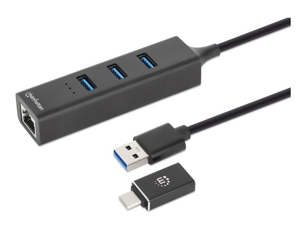 MANHATTAN 3-Port USB 3.0 Typ-C / Typ-A Kombo-Hub mit Gigabit-Netzwerkadapter 5Gbit/s SuperSpeed USB Stromversorgung über USB schwarz