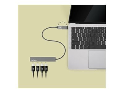 MANHATTAN 4-Port USB 3.0 Typ-C/-A Hub USB-C und USB-A-Stecker auf 4x USB-A-Buchsen 5 Gbit/s USB 3.2 Gen 1 Strom über USB Space Grau